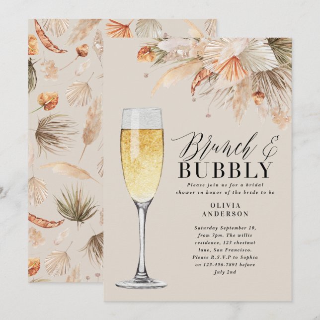 brunch and bubbly Bridal shower pampas grass Invitation (Front/Back)