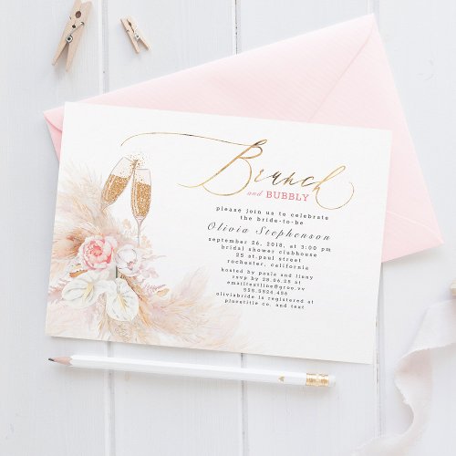 Brunch and Bubbly Bridal Shower Pampas Grass  Invitation
