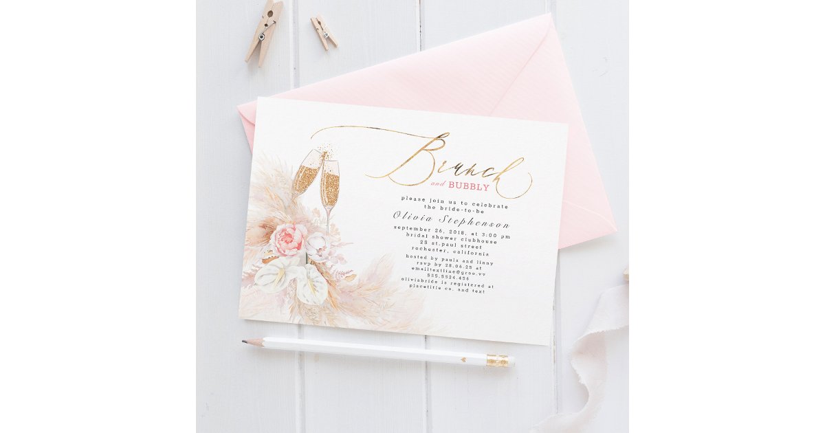 Brunch and Bubbly Bridal Shower Pampas Grass Invitation | Zazzle