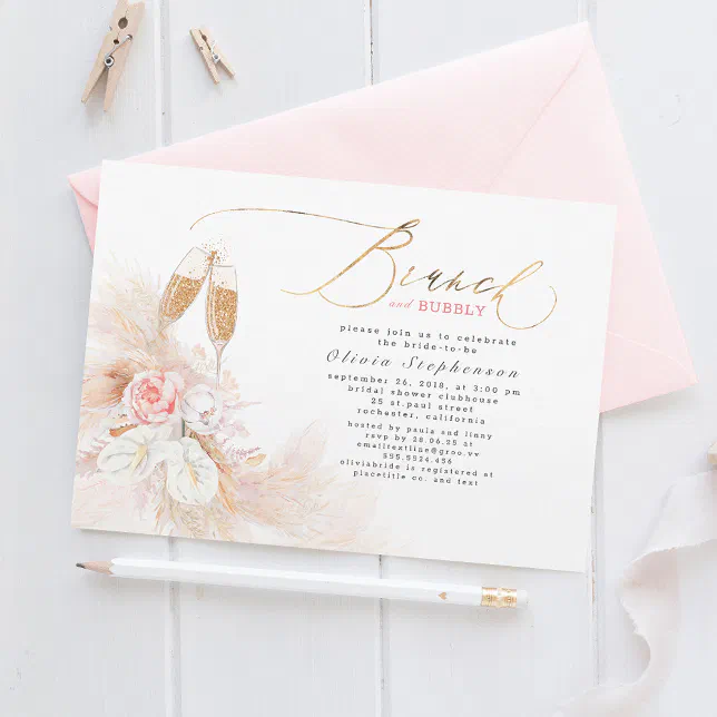 Brunch and Bubbly Bridal Shower Pampas Grass Invitation | Zazzle