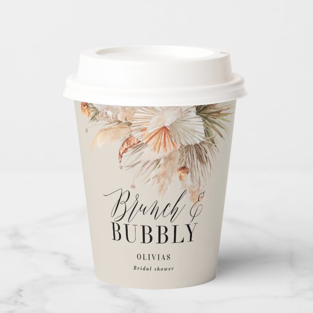 brunch and bubbly Bridal shower pampas grass Paper Cups (Front)