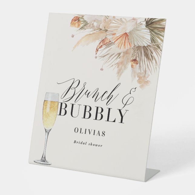brunch and bubbly Bridal shower pampas grass Paper Pedestal Sign (Front)