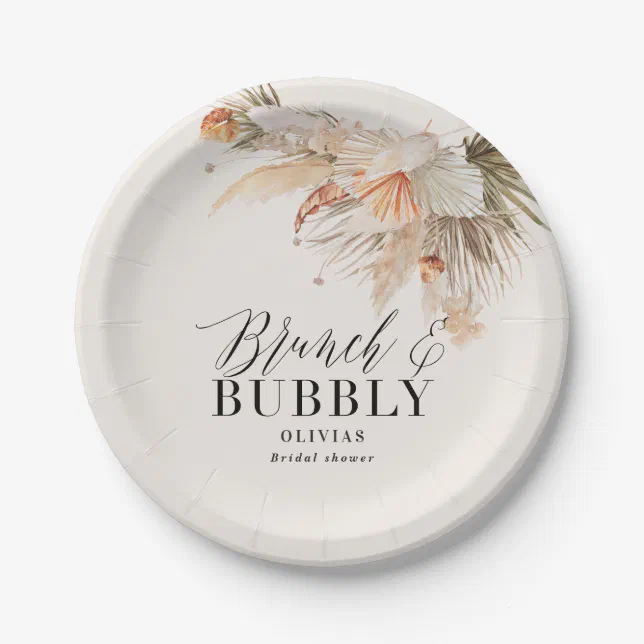 brunch and bubbly Bridal shower pampas grass Paper Plates | Zazzle