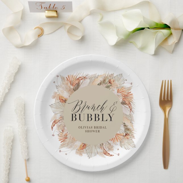 brunch and bubbly Bridal shower pampas grass Paper Plates (Wedding)