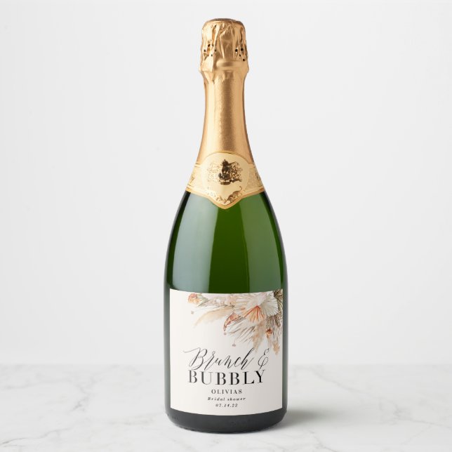 brunch and bubbly Bridal shower pampas grass Sparkling Wine Label (Front)