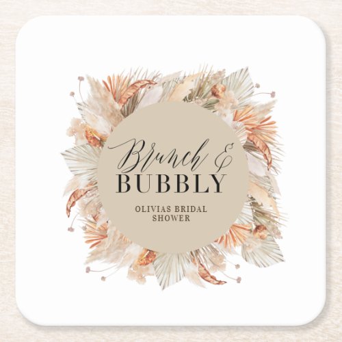 brunch and bubbly Bridal shower pampas grass Square Paper Coaster