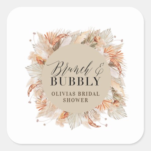 brunch and bubbly Bridal shower pampas grass  Square Sticker