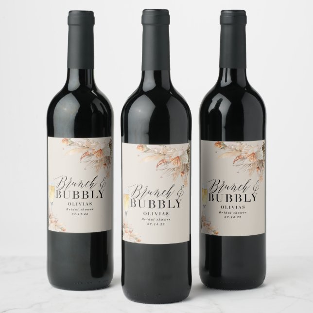 brunch and bubbly Bridal shower pampas grass Wine  Label (Bottles)