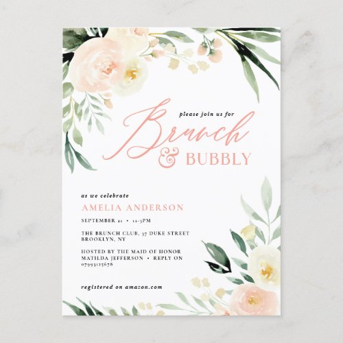 brunch and bubbly Bridal shower peach watercolor Postcard