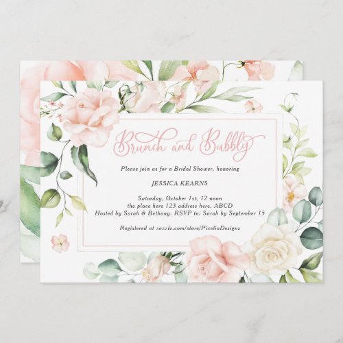 Brunch and bubbly bridal shower pink floral invitation