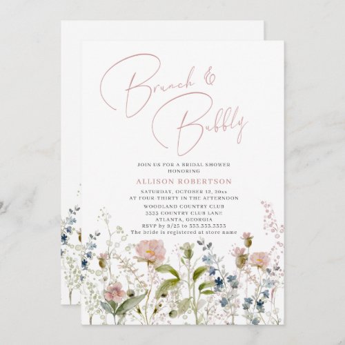 Brunch and Bubbly Bridal Shower Pink Wildflower  Invitation