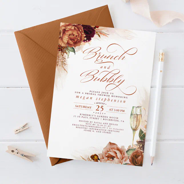 Brunch and Bubbly Bridal Shower Rust Pampas Grass Invitation | Zazzle