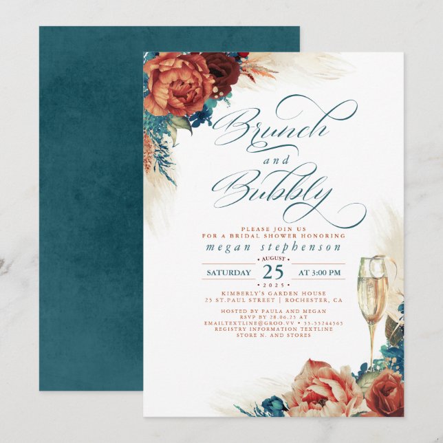 Brunch and Bubbly Bridal Shower Terracotta Teal Invitation (Front/Back)