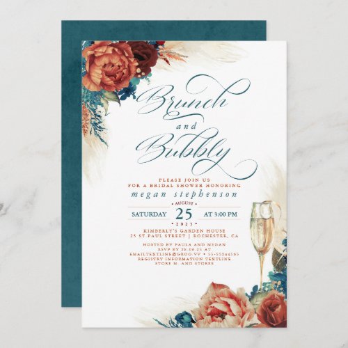 Brunch and Bubbly Bridal Shower Terracotta Teal Invitation