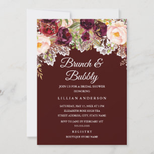 Brunch And Bubbly Burgundy Floral Bridal Shower Invitation