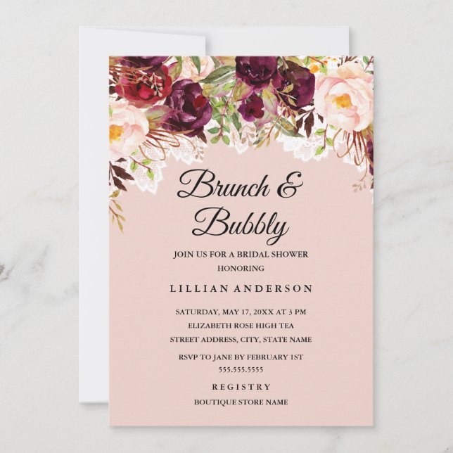 Brunch And Bubbly Burgundy Floral Bridal Shower Invitation (Front)