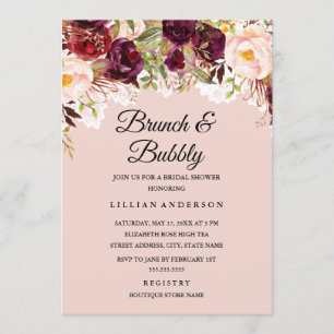 Brunch And Bubbly Burgundy Floral Bridal Shower Invitation