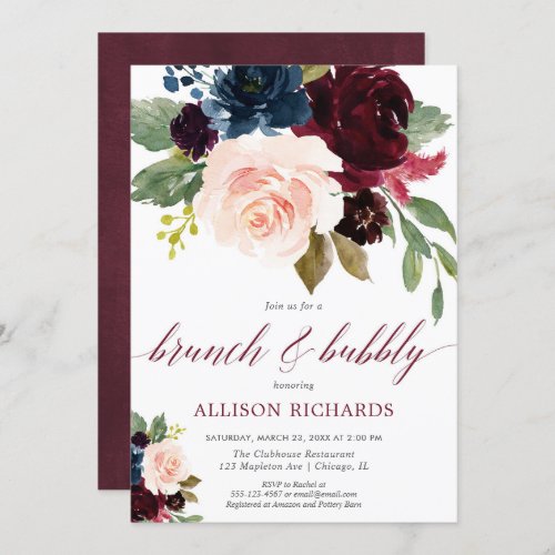Brunch and bubbly burgundy navy blue floral bridal invitation