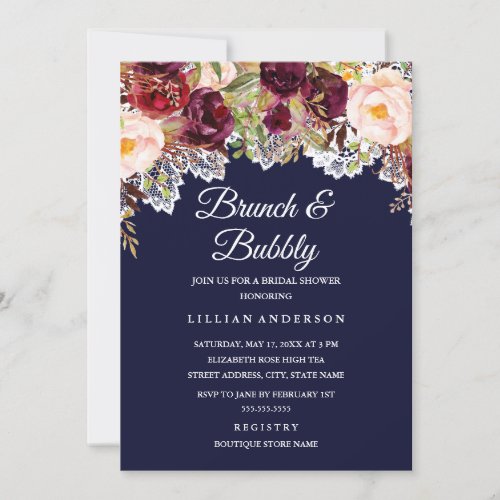 Brunch And Bubbly Burgundy Navy Bridal Shower Invitation