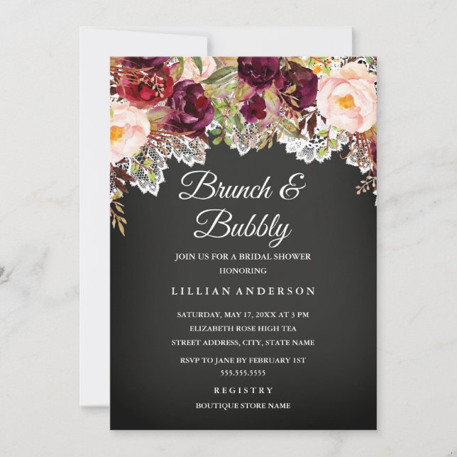 Brunch And Bubbly Chalkboard Floral Bridal Shower Invitation (Front)