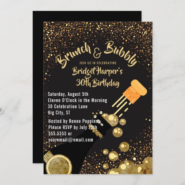 Brunch and Bubbly Champagne Birthday Invitation (Front/Back)