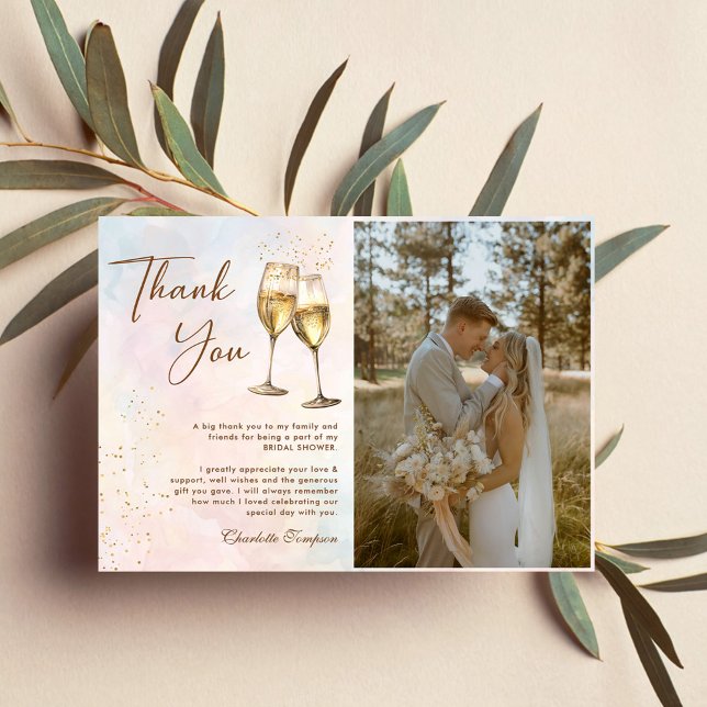 Brunch and Bubbly Champagne Bridal Shower Photo Thank You Card (Creator Uploaded)