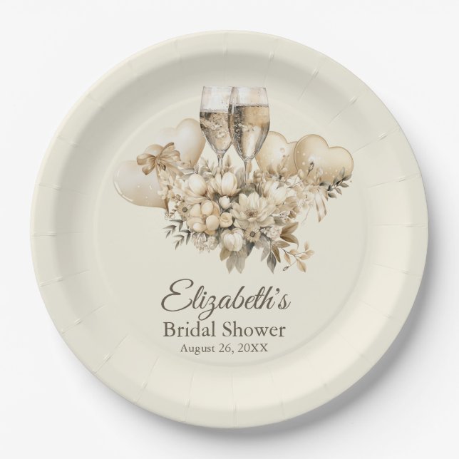 Brunch and Bubbly Champagne Flowers Bridal Shower Paper Plates (Front)