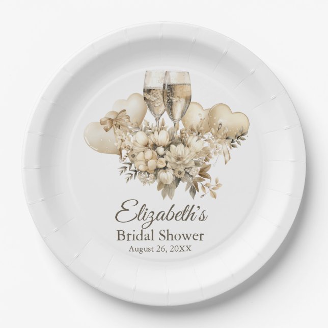 Brunch and Bubbly Champagne Flowers Bridal Shower Paper Plates (Front)