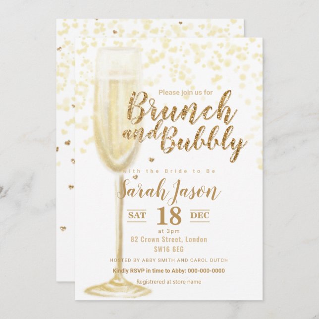 Brunch and Bubbly champagne glass glitter gold Inv Invitation (Front/Back)
