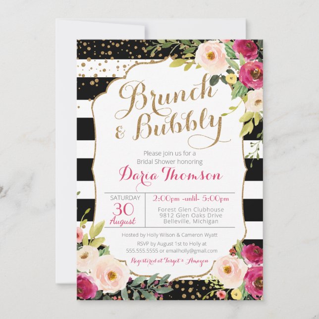 Brunch and Bubbly Chic Stripe Floral Bridal Shower Invitation (Front)