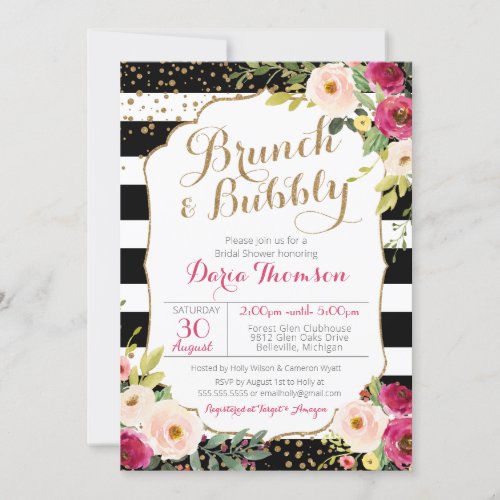 Brunch and Bubbly Chic Stripe Floral Bridal Shower Invitation