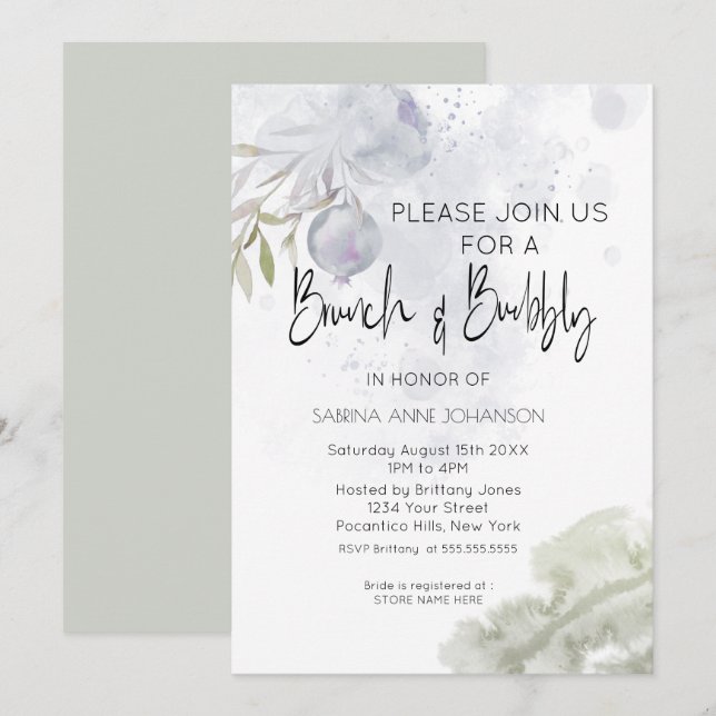 Brunch and Bubbly Dusty Blue Rose and Rosehip Invitation (Front/Back)