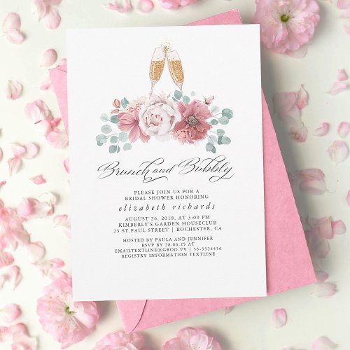 Brunch and Bubbly Dusty Rose Bridal Shower Invitation