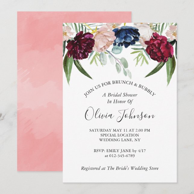 Brunch and Bubbly Elegant Floral Bridal Shower Invitation (Front/Back)
