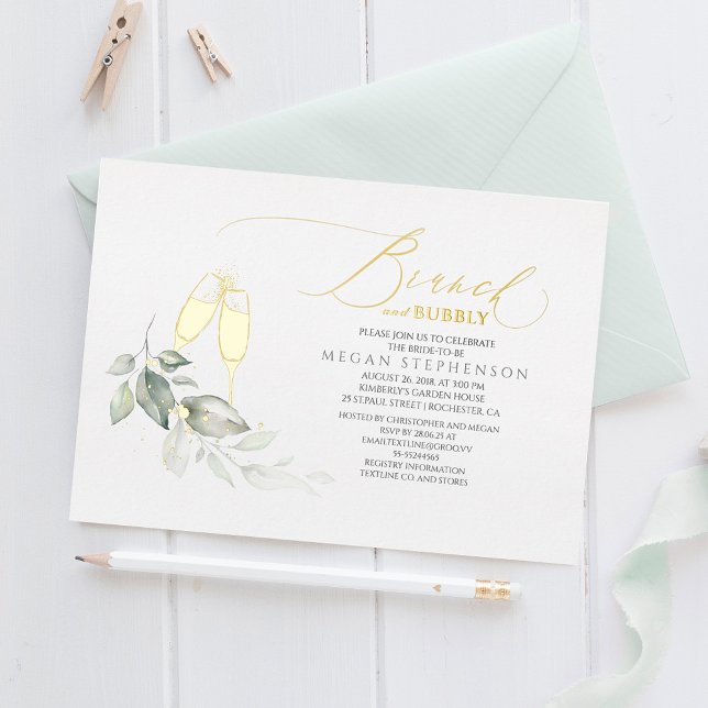 Brunch and Bubbly Elegant Greenery Bridal Shower Foil Invitation (Creator Uploaded)
