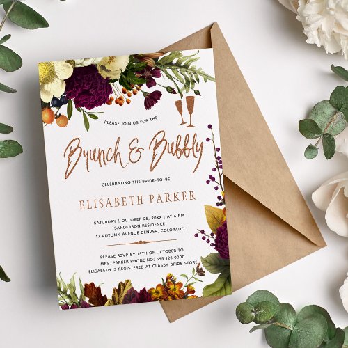 Brunch and bubbly fall floral gold bridal shower invitation