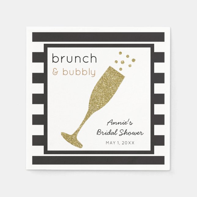 Brunch and Bubbly Faux Gold Glitter & Black Drink Paper Napkins (Front)