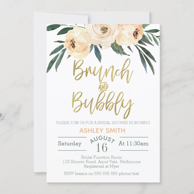 Brunch and bubbly floral bridal shower invitation (Front)