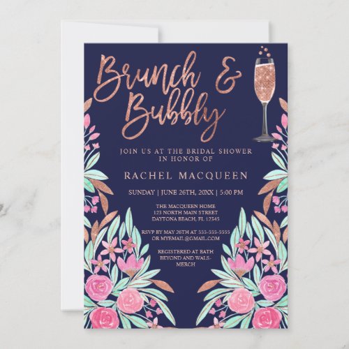 Brunch and Bubbly Floral Glitter Bridal Shower Invitation