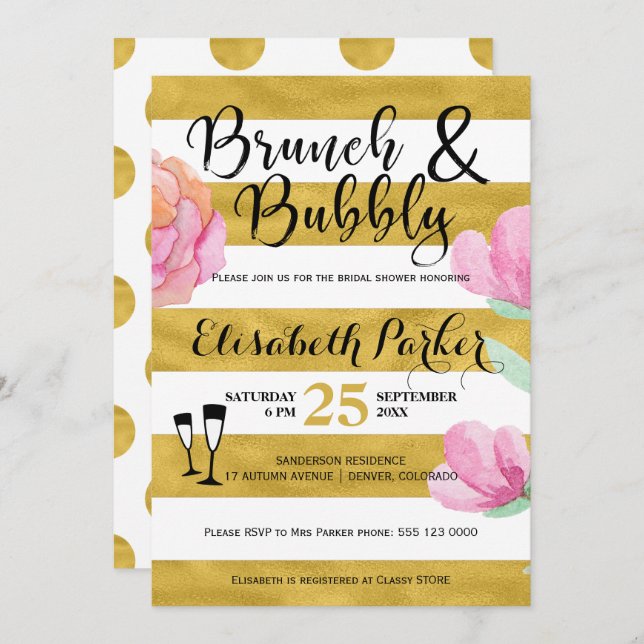 Brunch and bubbly floral stripe gold bridal shower invitation (Front/Back)
