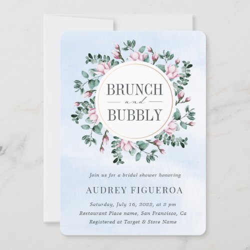 Brunch and Bubbly Floral Wreath Blue Bridal Shower Invitation