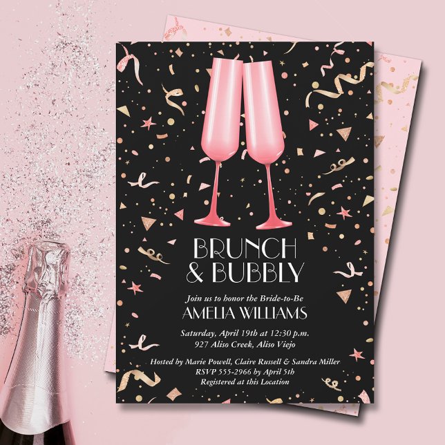 Brunch and Bubbly Flutes Bridal Shower Invitation (Brunch and bubbly pink champagne glasses and streamers on black bridal shower invitations)