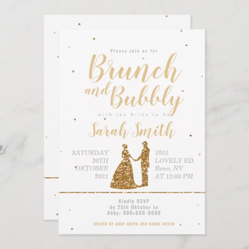 Brunch and Bubbly glitter gold bride and groom Invitation