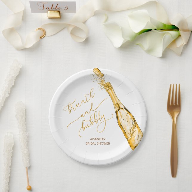 Brunch and Bubbly Gold Bridal Shower Paper Plates (Wedding)