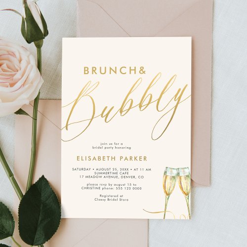 Brunch and bubbly gold champagne bridal shower invitation