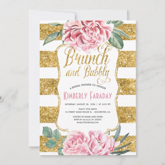 Brunch and Bubbly Gold Floral Bridal Shower Invitation (Front)