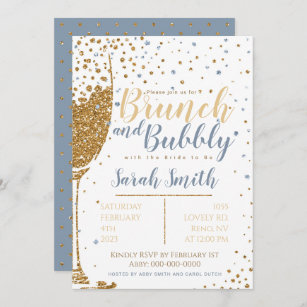 Brunch and Bubbly gold glitter_dusty blue Invitation
