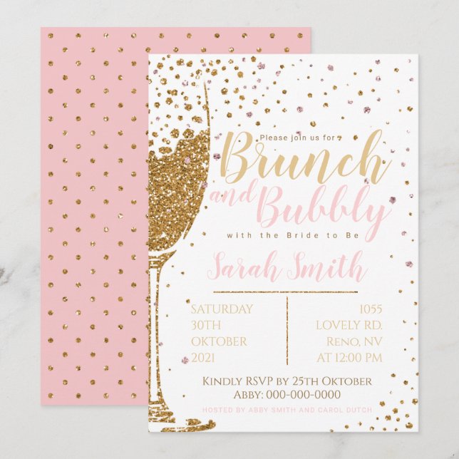 Brunch and Bubbly gold glitter with dotted back Invitation (Front/Back)