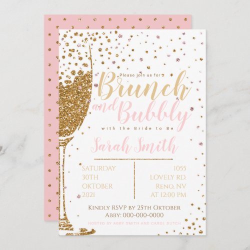Brunch and Bubbly gold glitter with dotted back Invitation