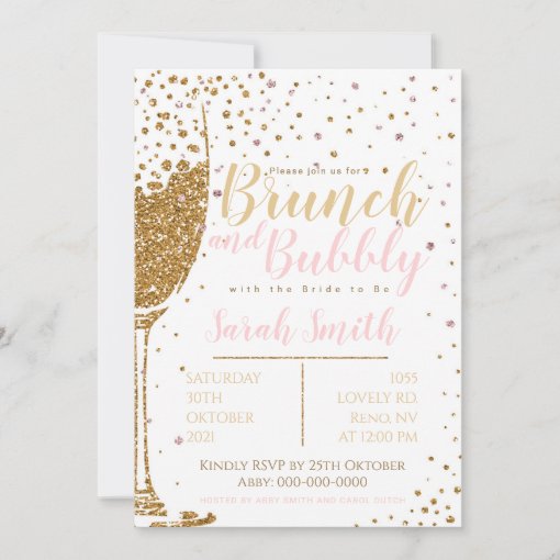 Brunch and Bubbly gold glitter with dotted back Invitation | Zazzle